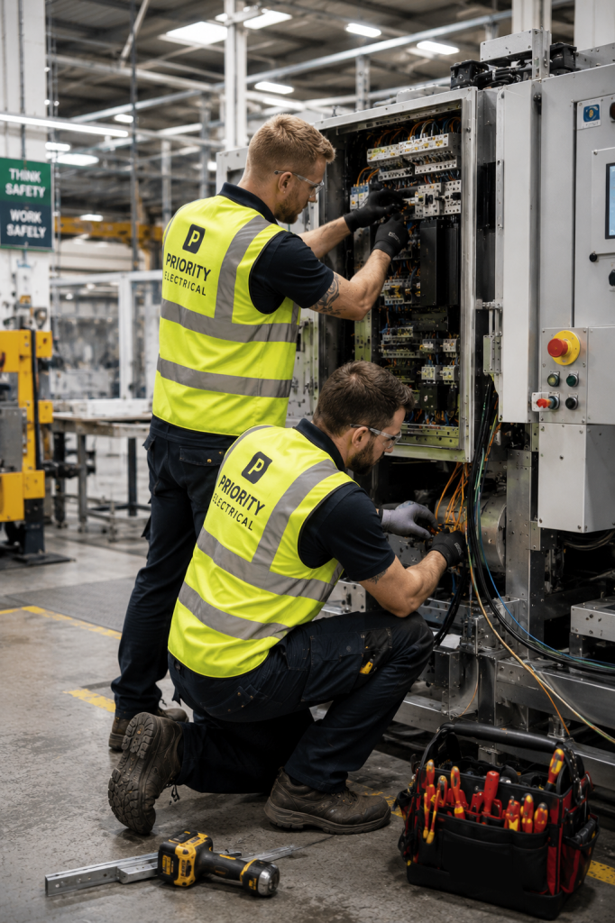 Commercial & Industrial Electricans worjing on machines